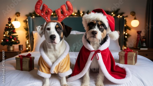 Two festive dogs dressed in holiday outfits, one in reindeer antlers and the other in a Santa hat, sit on a bed amidst Christmas decorations.