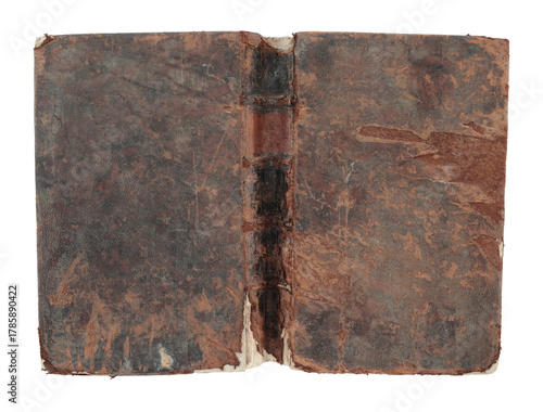 Fully unfolded antique book cover with aged leather texture and vintage look, isolated on transparent background. Perfect for historical, educational, or design concepts