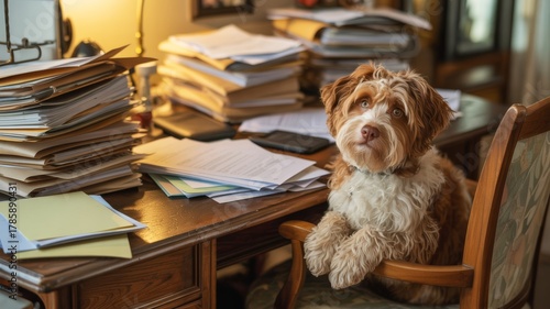 A fluffy dog sits at a cluttered desk surrounded by stacks of papers, creating a cozy yet chaotic atmosphere.