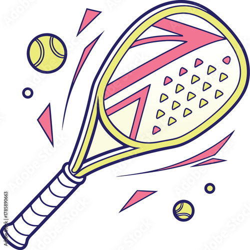 Stylized line art illustration of padel tennis racquet design featuring sport and equipment with colorful geometric shape