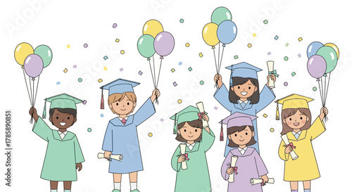 A joyous graduation scene with diverse students, balloons, and diplomas. Perfect for graduation announcements, educational materials, and celebrating academic success!