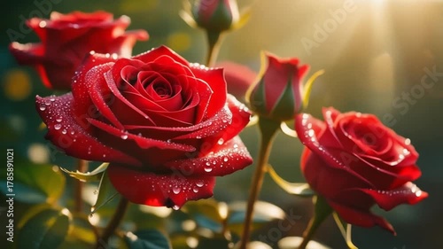 Close up view of a bouquet of red roses with dew drops sparkling in the morning sunlight