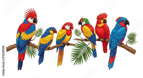 Colorful parrots perched on branch isolated on, tropical birds