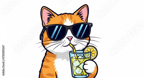 Cool cat drinking lemonade isolated on
