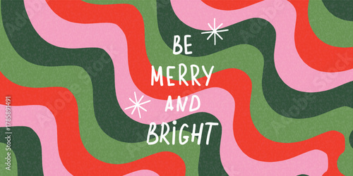 Merry Christmas horizontal festive background in trendy hand drawn style. Modern absrtract Xmas design with doodle snowflakes and waves. Vector template for greeting card, banner, poster, cover.