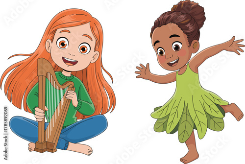 Animated girls illustration, harp playing, leaf dress dancer, joyful characters, music and dance, children’s art, fantasy theme, expressive pose, green outfit
