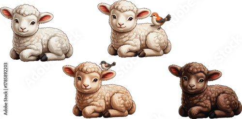 Cartoon lambs with birds, cute farm animals illustration, textured wool characters, sitting sheep vector, whimsical animal art, children’s design