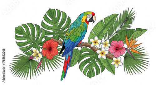 Colorful parrot perched on a branch with tropical flowers and leaves