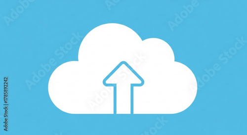 White cloud with arrow pointing up on blue background, symbolizing cloud storage, data transfer, and online backup