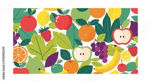 Colorful fruit pattern with apples, oranges, lemons, grapes and strawberries
