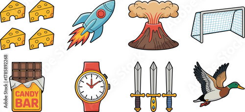 Cartoon object grid illustration, cheese, rocket, volcano, soccer goal, candy bar, watch, swords, flying duck, playful 