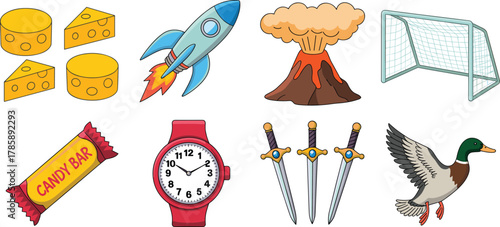 Cartoon object grid illustration, cheese, rocket, volcano, soccer goal, candy bar, wristwatch, swords, flying duck, playful vector