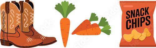 Cowboy boots, carrots, snack chips illustration, cartoon style, food and fashion contrast, vegetable, footwear, packaging, kids learning, comparison concept