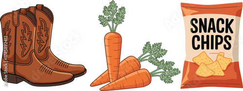 Cowboy boots, carrots, snack chips cartoon illustration, food and fashion concept, playful object trio, colorful vector, educational design