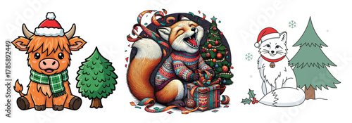 Cute christmas animals: highland cow, joyful fox, arctic fox