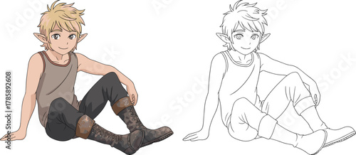 Elf character illustration, colored and line art comparison, fantasy design, sitting pose, cartoon style, boots, blond hair, pointed ears