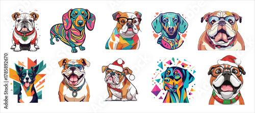 Vibrant collection of diverse stylized dog illustrations vectors