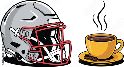 Football helmet and coffee cup illustration, sports and leisure concept, morning routine vector, hot drink art, athletic lifestyle humor