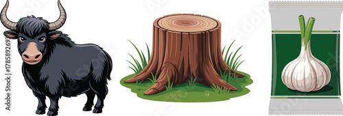 garlic, yak, stump, cartoon, animal, tree, pack, nature, phonics, education, kids, learning, vocabulary, 