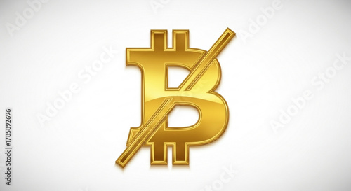 Golden bitcoin with a line through it, symbolizing the ban of cryptocurrency or the fall of the crypto market