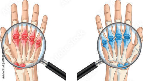 Hand joint illustration, arthritis vs healthy comparison, magnifying glass view, medical concept, cartoon style, pain and inflammation, anatomy, education