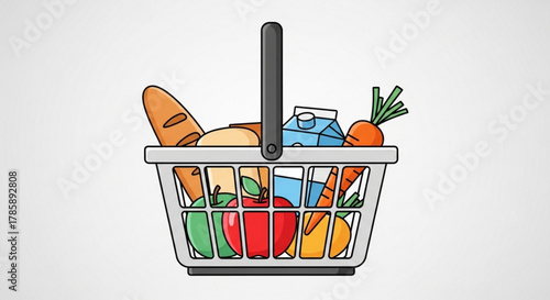 A shopping basket full of fresh groceries includes bread, milk, apples, carrots, and other healthy food items