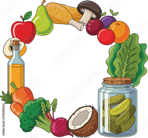 Healthy food circle, fruits and vegetables, cartoon style, balanced diet concept, nutrition illustration, colorful design, organic, natural, fresh