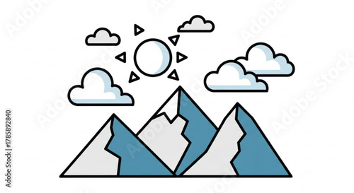 Mountain landscape with sun and clouds isolated on illustration