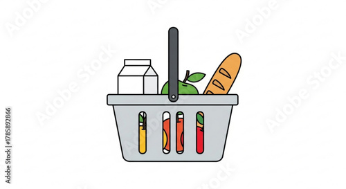 Shopping basket filled with grocery items, representing food, shopping, and the convenience of purchasing essentials