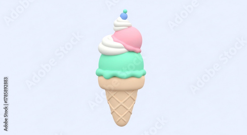 A delightful 3d rendering of a triple scoop ice cream cone with pink, white, and mint green flavors