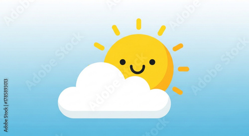 Cute sun hiding behind a cloud on a blue background, creating a cheerful and whimsical scene this image evokes a sense of joy and playfulness