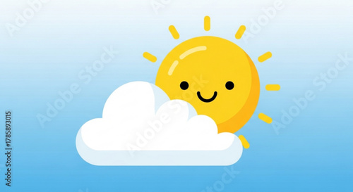 Cute sun hiding behind a cloud on a blue background, creating a cheerful and whimsical scene this image evokes a sense of joy and playfulness