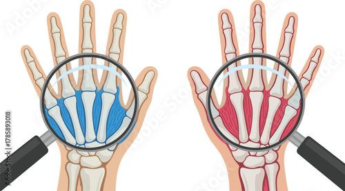 Human hand muscles, anatomical comparison, blue and red muscle groups, magnified view, skeletal structure, educational illustration, fine motor anatomy, medical concept