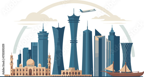 Middle Eastern cityscape, mosque and skyscrapers, traditional dhow boat, airplane, modern skyline, cultural contrast, cartoon illustration, architecture, travel, heritage