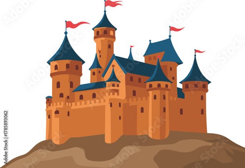 Medieval castle illustration, rocky hill fortress, blue roof towers, red flags, historical architecture, fantasy building, cartoon style, storytelling concept