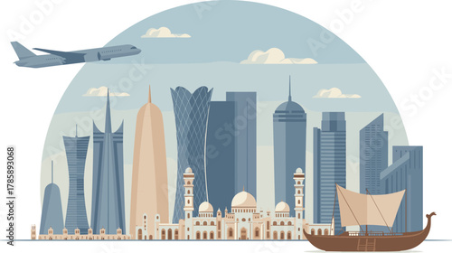 Modern cityscape, traditional architecture, Gulf skyline, mosque domes, dhow boat, airplane travel, Middle Eastern culture, urban growth, tourism concept,