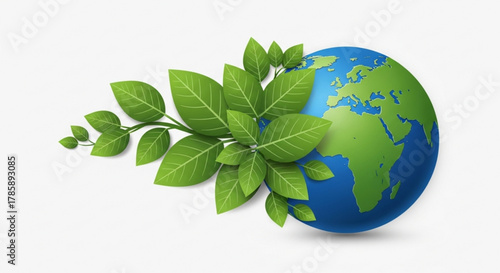 A green branch with leaves wraps around the earth, symbolizing environmental conservation and the interconnectedness of nature