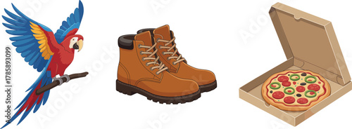 Parrot, hiking boots, pizza box, cartoon illustration, colorful objects, food and footwear, tropical bird, pepperoni pizza, white background, grid layout