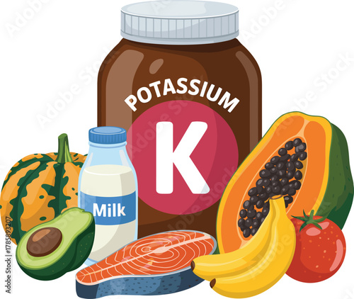 Potassium-rich foods vector, healthy diet illustration, fruits and vegetables with potassium, nutrition chart, vitamin K sources, educational art