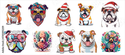 Happy cartoon dogs in glasses, bandanas, and santa hats, vibrant