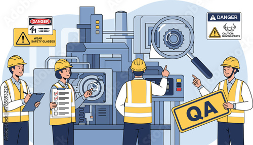 Industrial QA inspection team ensuring safety compliance, machine maintenance, checklist verification, gear analysis, and hazard prevention in manufacturing environment