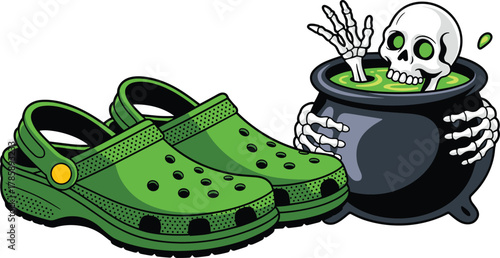 Skeleton in cauldron with green Crocs, Halloween cartoon vector, spooky potion scene, creepy humor illustration, eerie footwear concept art.eps