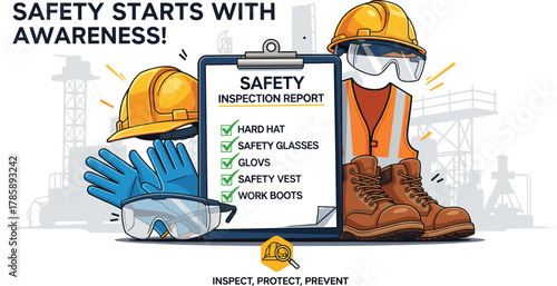 Industrial safety awareness poster with PPE checklist including hard hat, safety glasses, gloves, vest, boots, workplace protection illustration vector