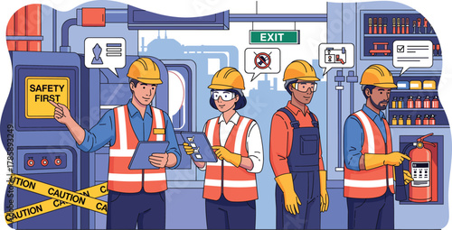 Industrial workplace safety illustration with factory workers wearing PPE gear, safety first button, caution signs, fire extinguisher, tablets, communication icons vector