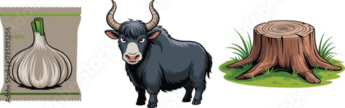 Tree stump, garlic packet, yak head, visual pun, rebus illustration, food and animal mix, concept art, cartoon style, creative design