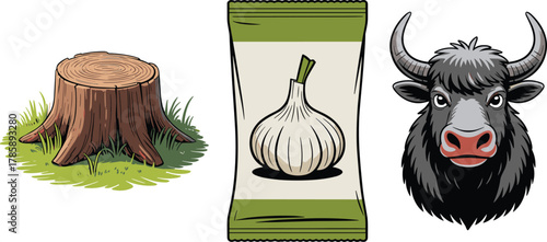 Yak, tree stump, garlic seed packet illustration, farm and nature concept, cartoon vector, rural lifestyle, educational object 