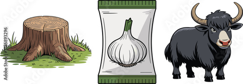 Tree stump, garlic seed packet, black yak illustration, nature and farming concept, cartoon vector, agriculture humor, rural lifestyle  