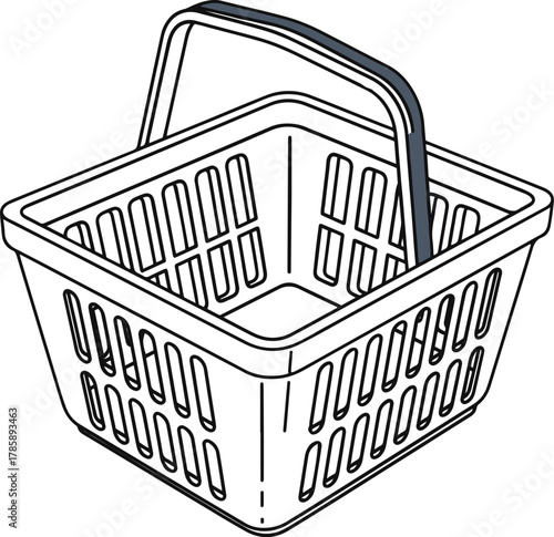 A flat vector line art illustration of an empty plastic shopping basket with a folded handle.