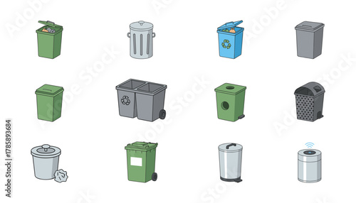 Set of Trash Cans and Recycling Bins Illustrations