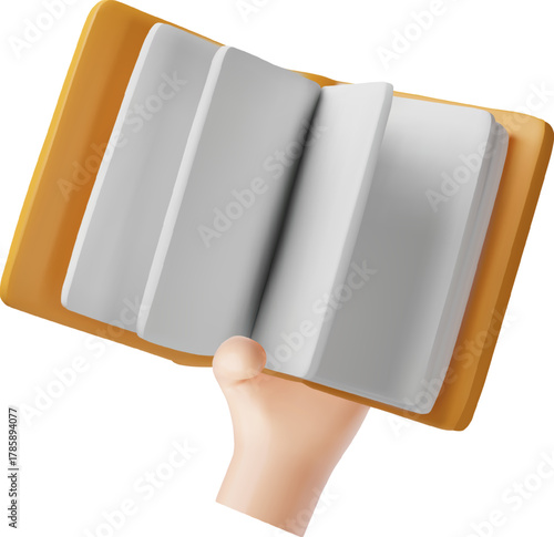 Book in hand 3D plastic style vector render illustration, hardcover opened book with white sheets, library literature